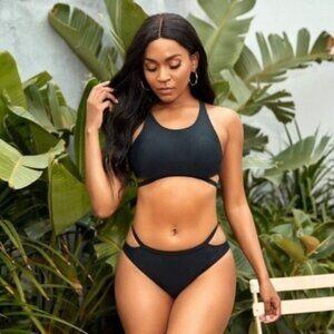 Anasabi Cut Out Strappy Racerback Bikini Two Piece Swimsuit Black Size Small